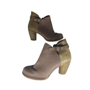 El Naturalista Leather Ankle Boots 38 Brown Olive Green Boho Block Heel 472